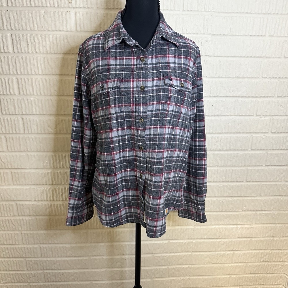 Carhartt Gray Maroon Plaid Flannel Shirt Womens M 8-10 Button Up Work Gorpcore